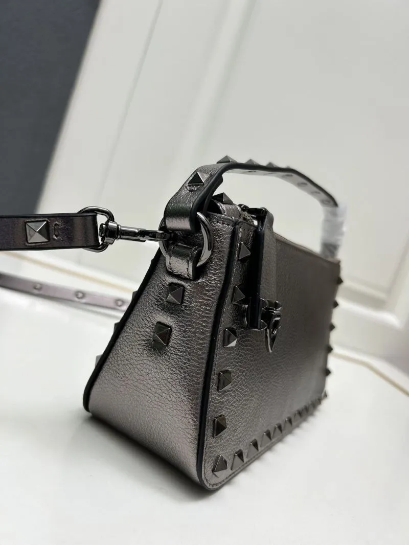 Valentino 9881 Metallic Gray Studded Satchel Bag - Image 6