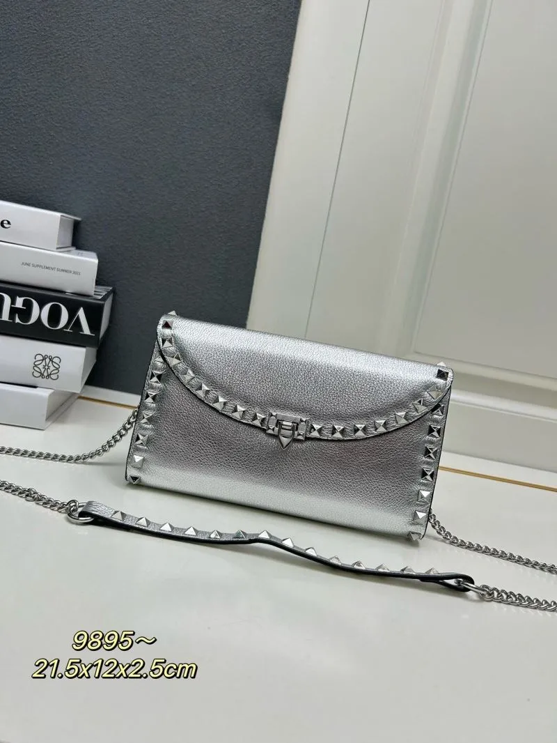 Valentino Silver Studded Crossbody Satchel Bag 652 21.5x12x2.5cm