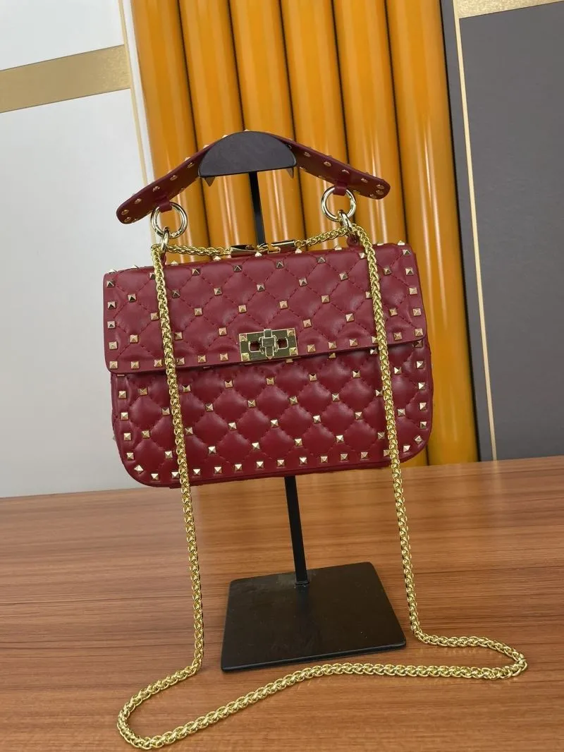 Valentino Red Studded Leather Chain Satchel Bag 947 - Image 4