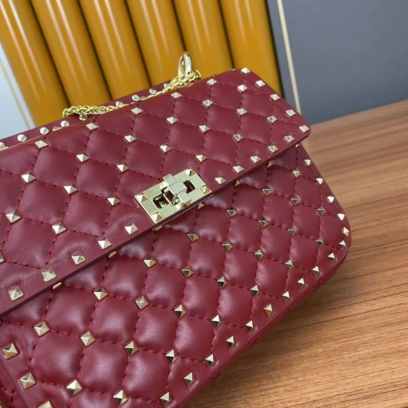 Valentino Red Studded Leather Chain Satchel Bag 947 - Image 6