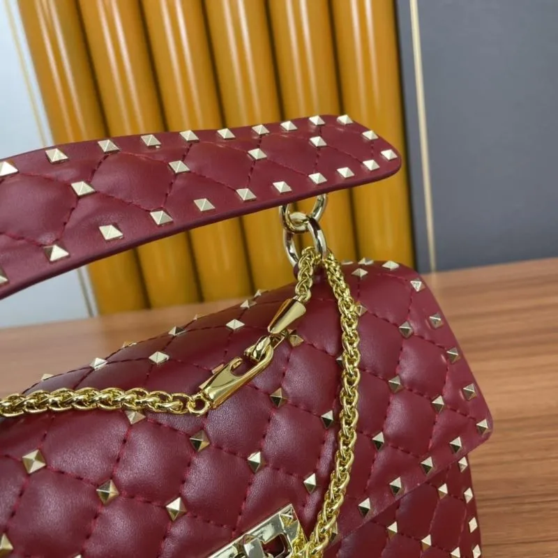 Valentino Red Studded Leather Chain Satchel Bag 947 - Image 7