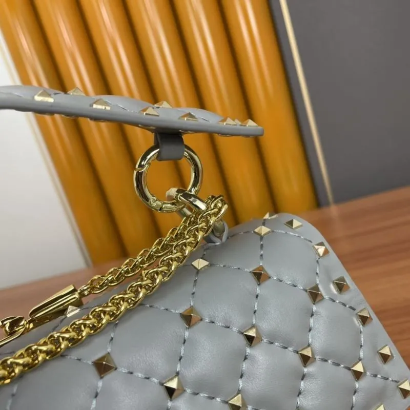 Valentino Gray Studded Quilted Satchel Bag 956 - Image 7