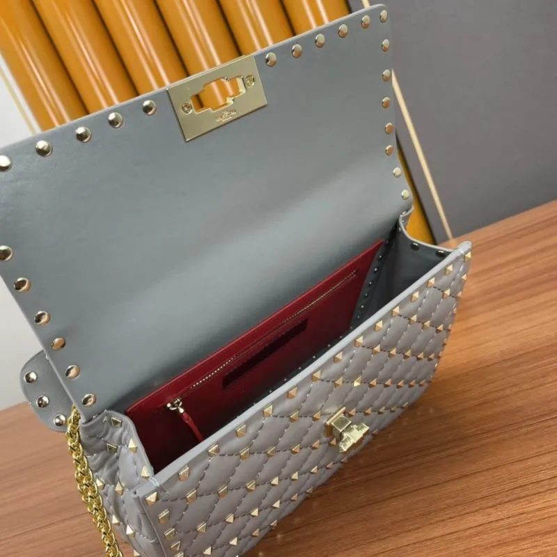 Valentino Gray Studded Quilted Satchel Bag 956 - Image 8