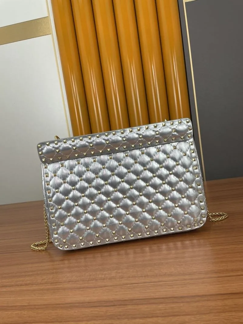 Valentino Silver Quilted Studded Chain Satchel Bag - Image 3
