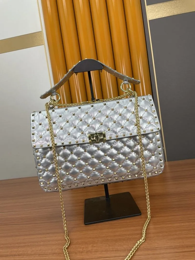 Valentino Silver Quilted Studded Chain Satchel Bag - Image 4