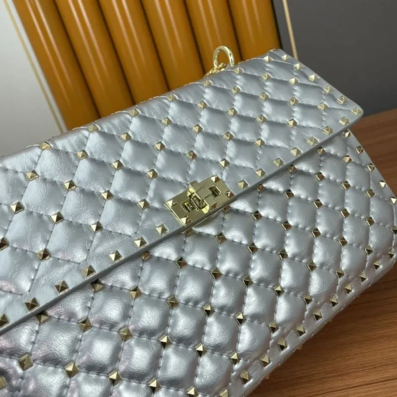 Valentino Silver Quilted Studded Chain Satchel Bag - Image 6