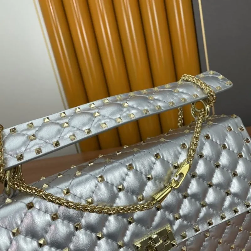 Valentino Silver Quilted Studded Chain Satchel Bag - Image 7
