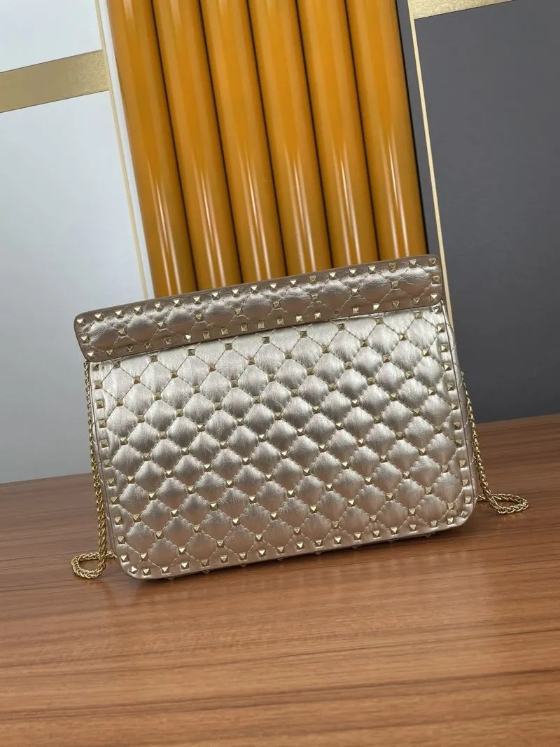 Valentino Metallic Gold Quilted Studded Chain Satchel Bag - Image 3