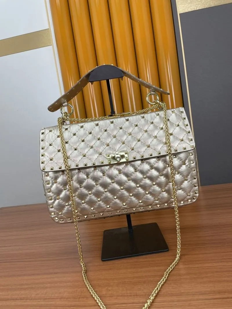 Valentino Metallic Gold Quilted Studded Chain Satchel Bag - Image 4
