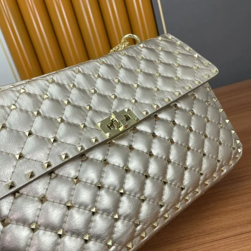 Valentino Metallic Gold Quilted Studded Chain Satchel Bag - Image 6