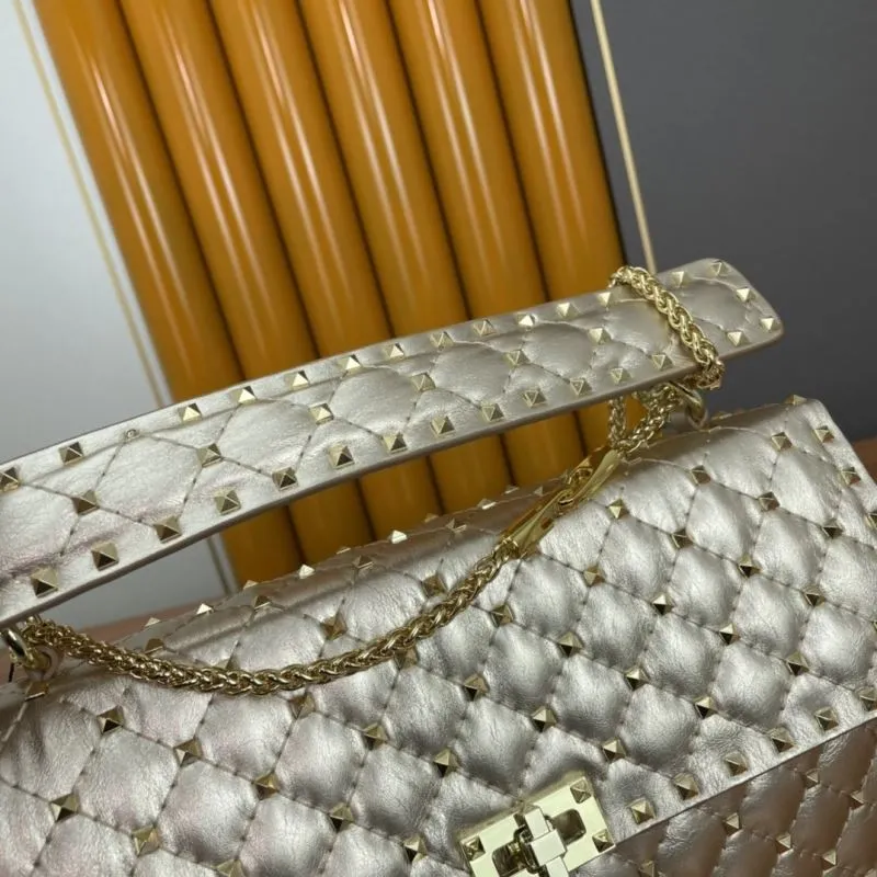 Valentino Metallic Gold Quilted Studded Chain Satchel Bag - Image 7