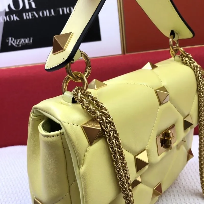 Valentino Yellow Studded Nappa Leather Satchel Bag - Image 5