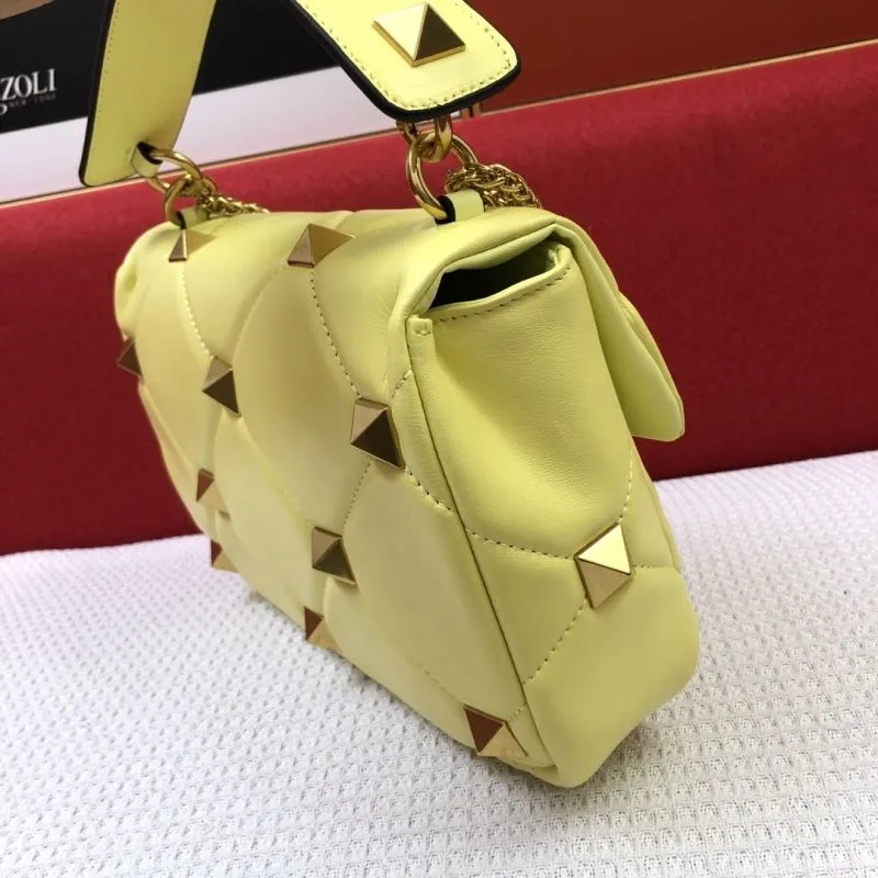 Valentino Yellow Studded Nappa Leather Satchel Bag - Image 6
