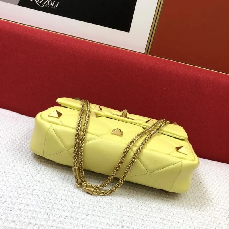 Valentino Yellow Studded Nappa Leather Satchel Bag - Image 7