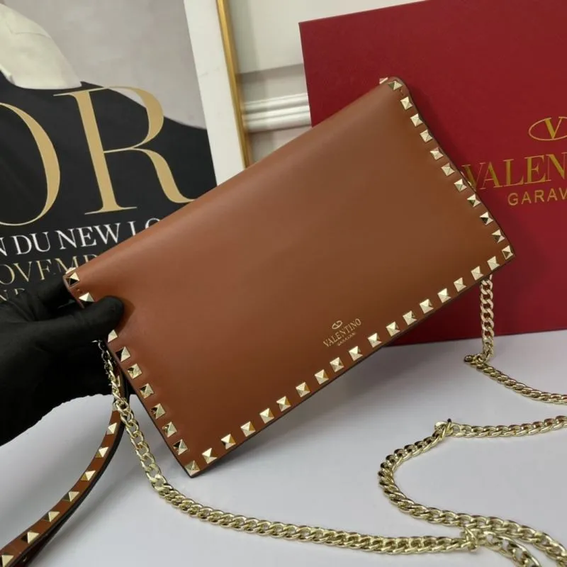 Valentino Brown Studded Chain Satchel Bag 1063
