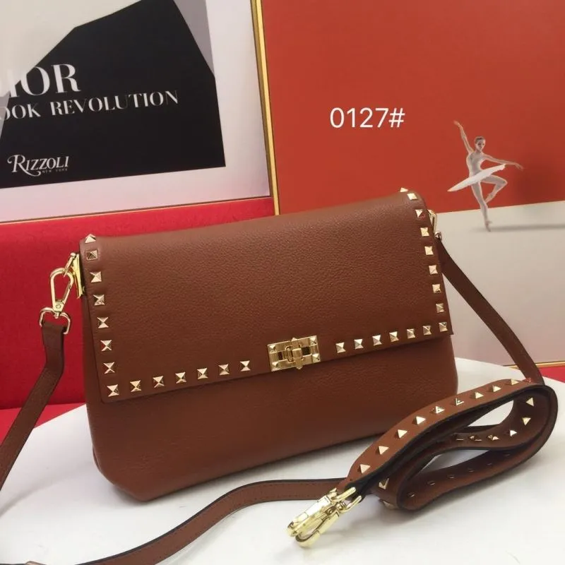 Valentino Brown Studded Satchel Crossbody Bag 0127
