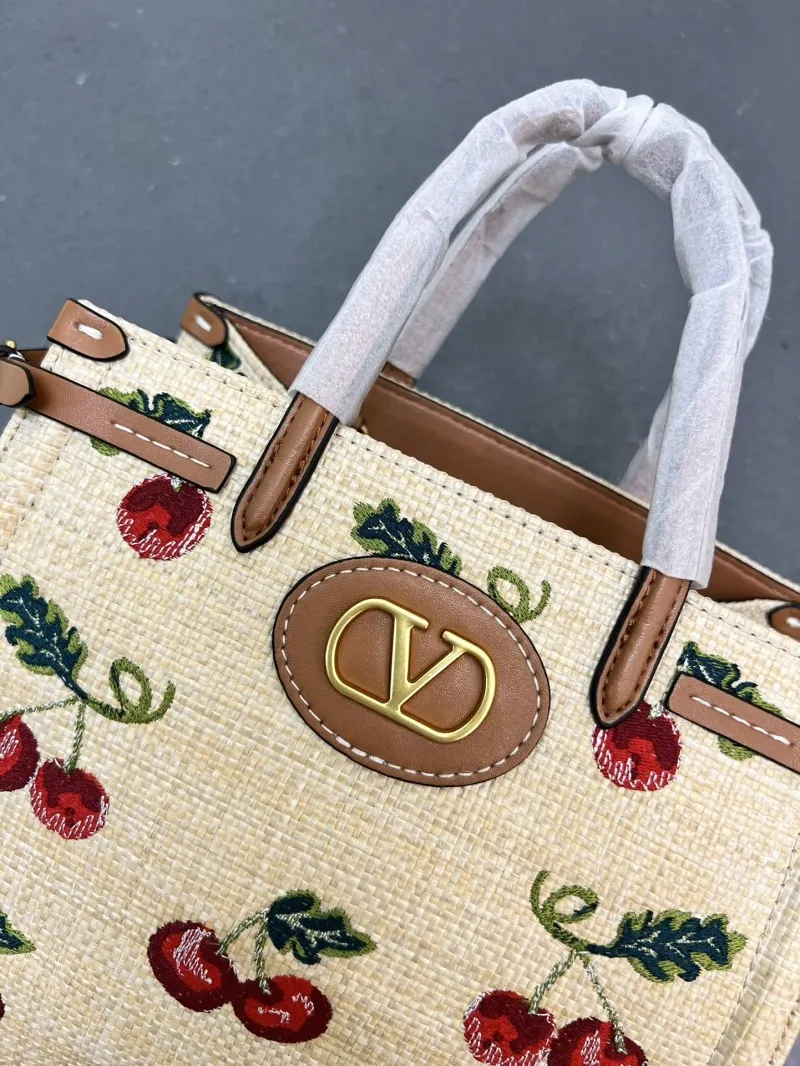 Valentino 1V5055 Small Beige Cherry Embroidered Tote Bag - Image 4