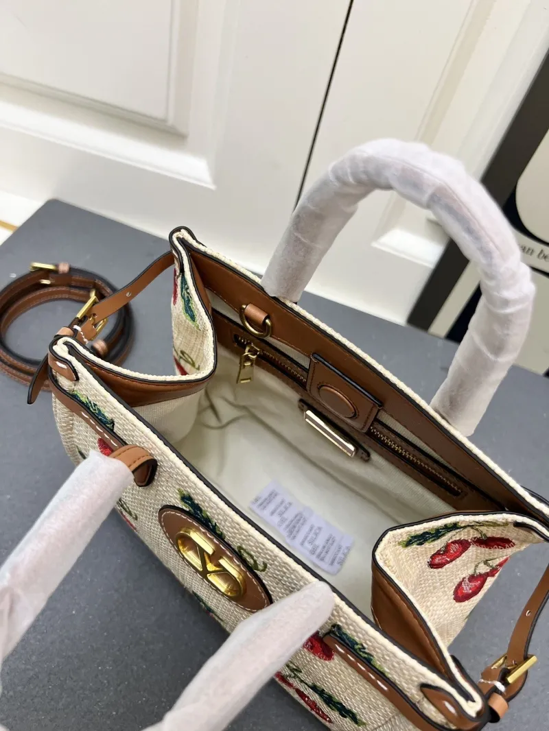 Valentino 1V5055 Small Beige Cherry Embroidered Tote Bag - Image 8