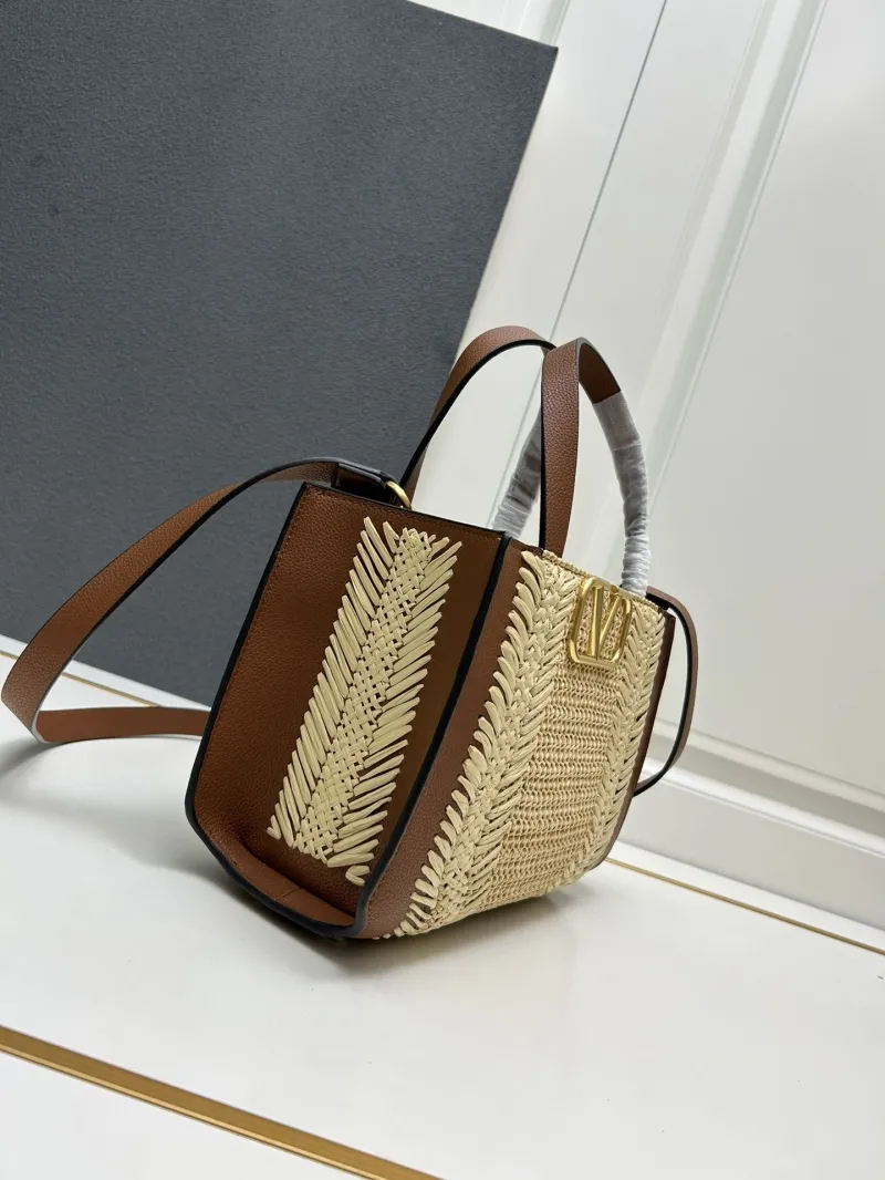 Valentino 9876 Small Woven Crossbody Tote Bag Beige Brown - Image 3