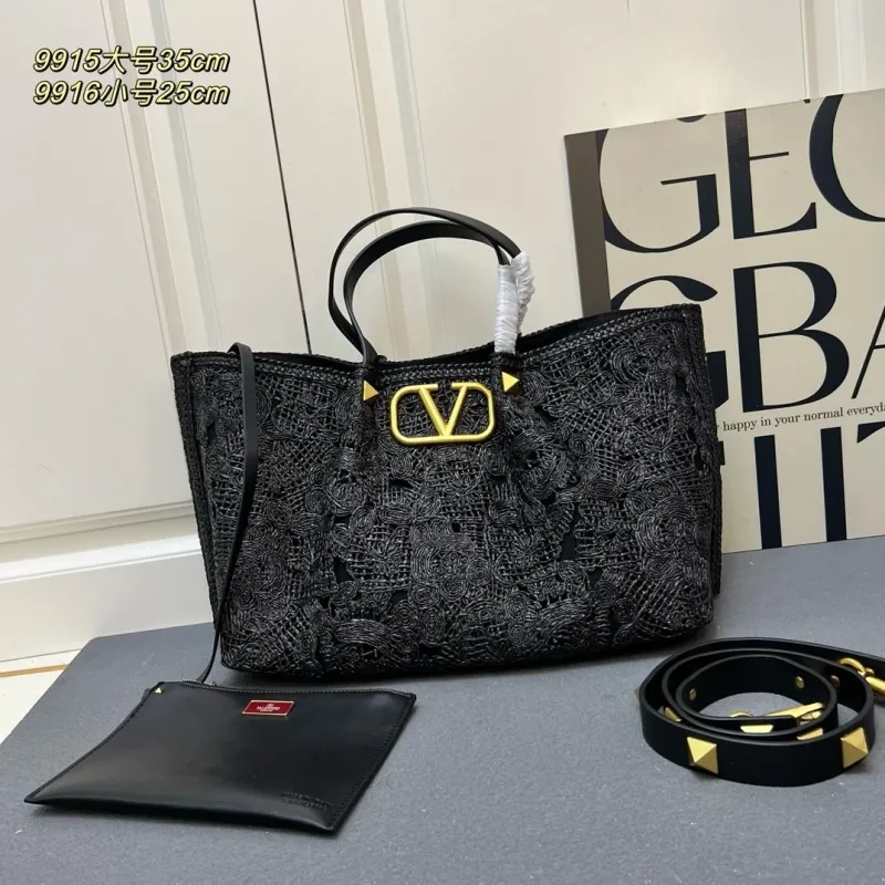 Valentino Black Woven Tote Bag with Pouch