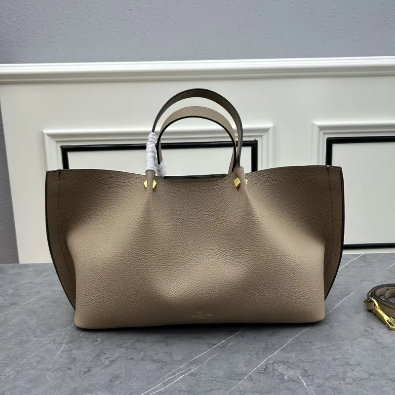 Valentino Taupe Leather Tote Bag with Pouch and Strap - Image 3
