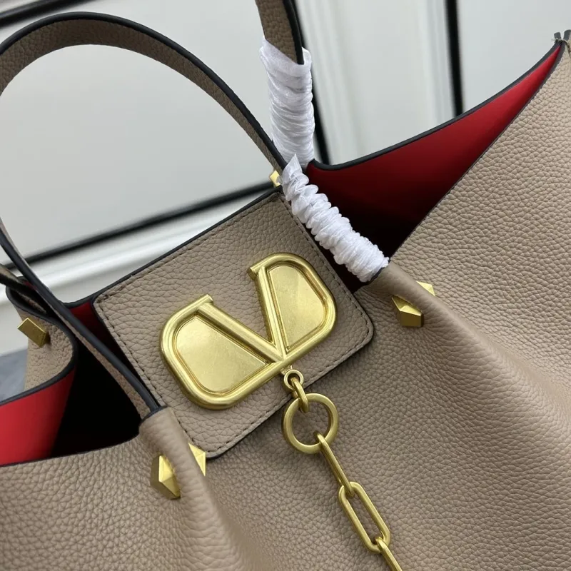 Valentino Taupe Leather Tote Bag with Pouch and Strap - Image 4