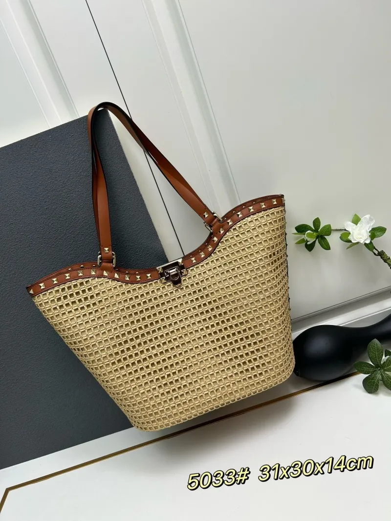 Valentino Garavani Straw Woven Tote Bag 5033 Beige Brown - Image 3