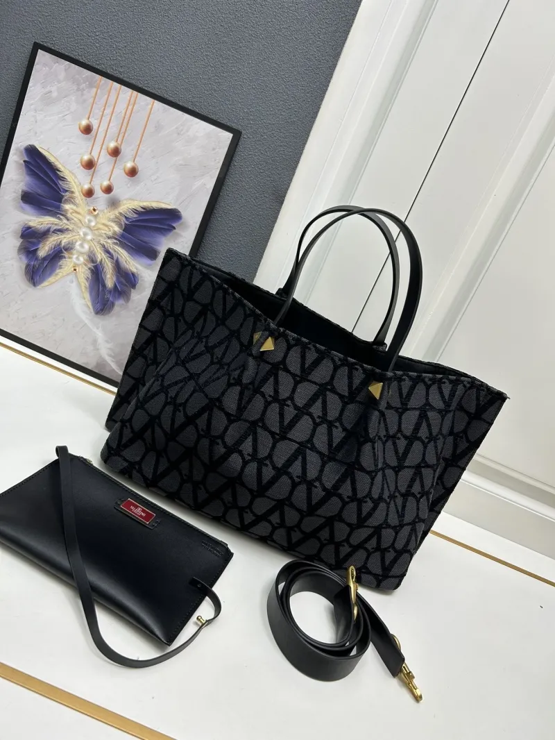 Valentino Large Black Monogram Tote Bag with Pouch - Image 3