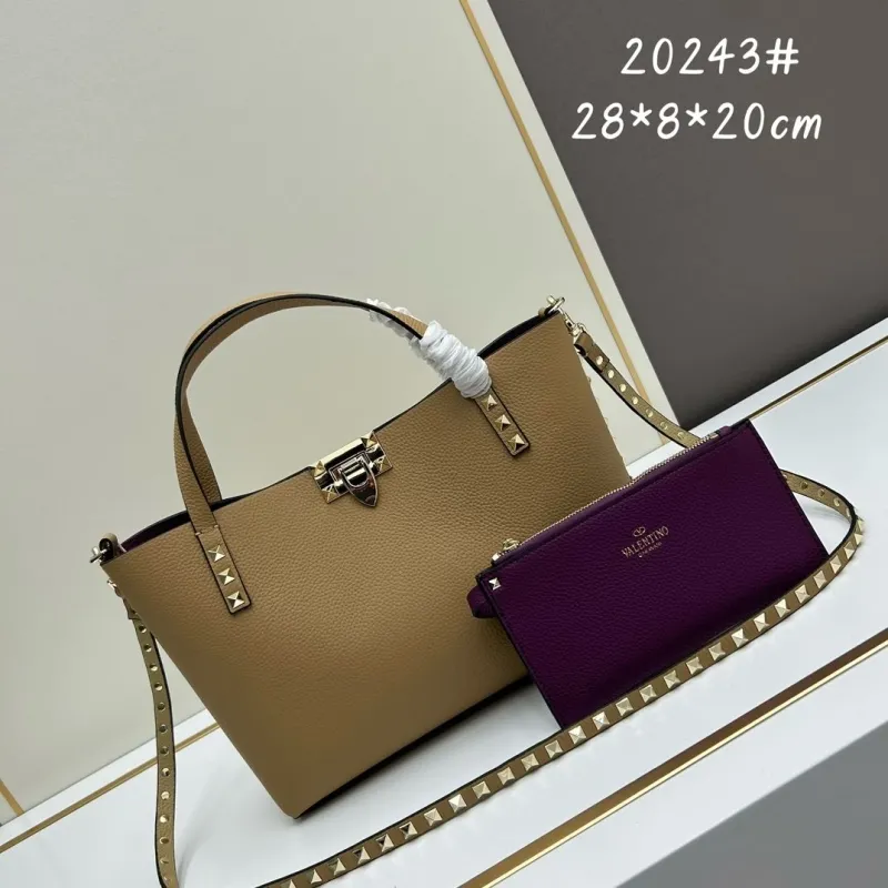 Valentino 20243 Beige Studded Leather Tote Bag with Pouch