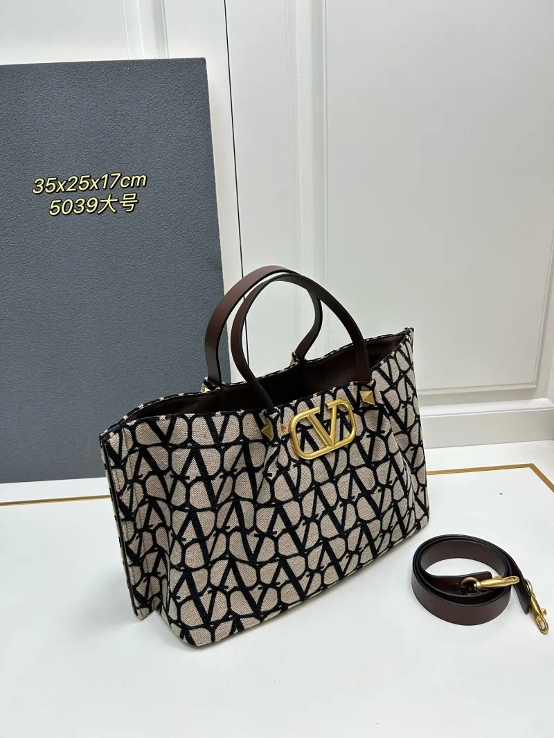 Valentino Beige Black Large Monogram Tote Bag with Pouch - Image 3