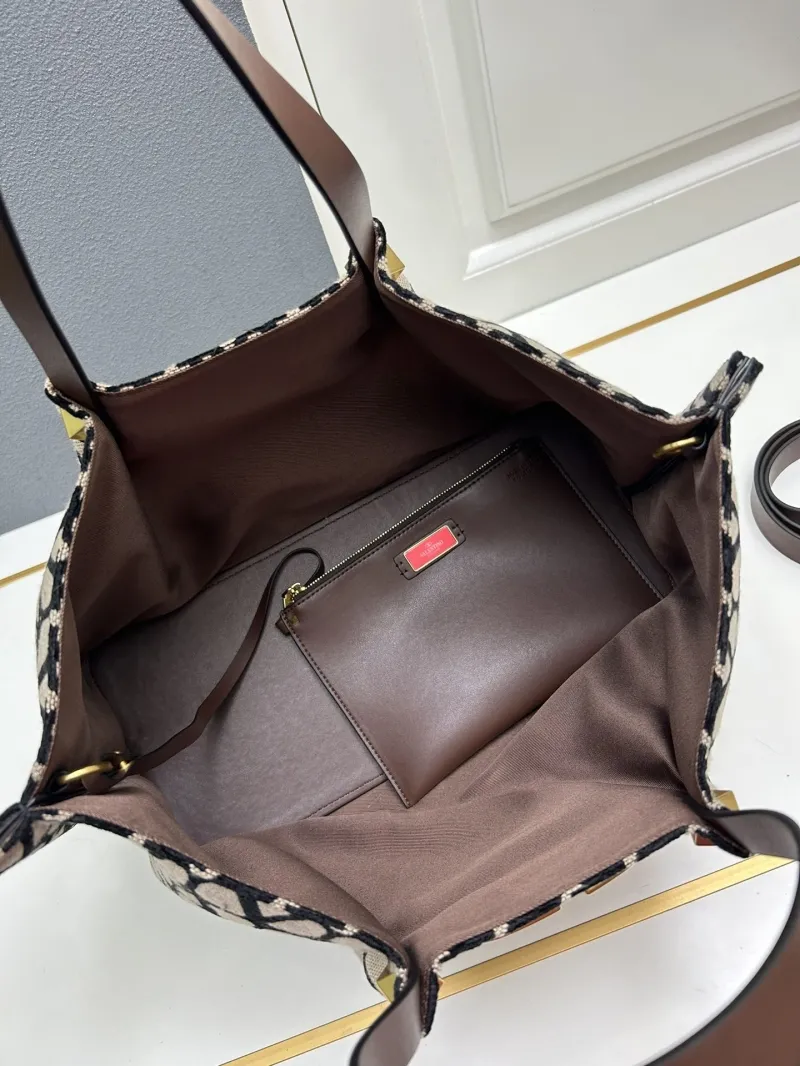 Valentino Beige Black Large Monogram Tote Bag with Pouch - Image 8