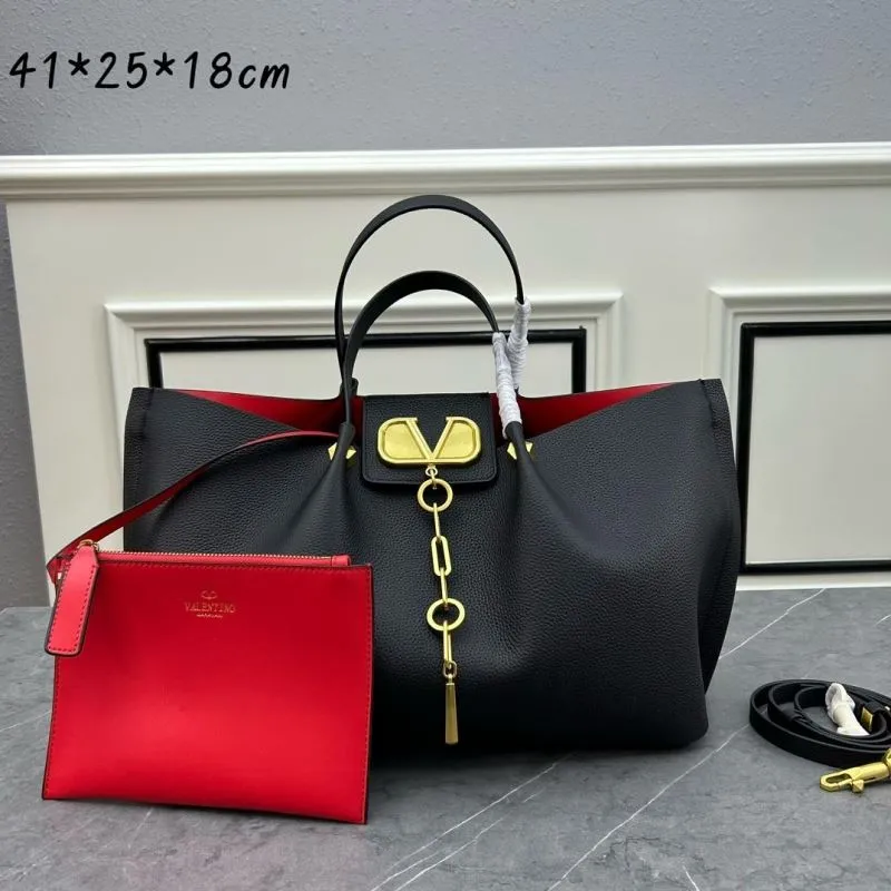 Valentino Black Leather Tote Bag with Red Pouch