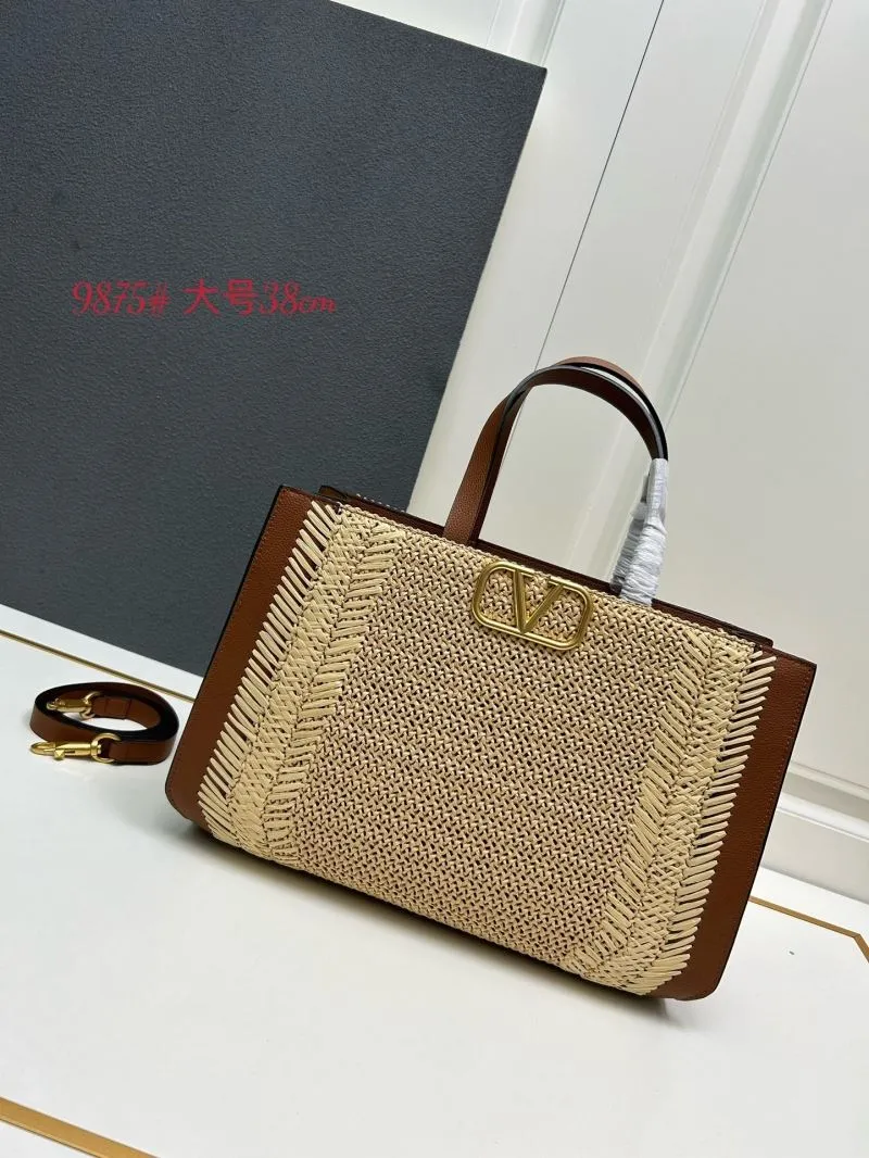 Valentino 9875 Large Woven Tote Bag Beige Brown