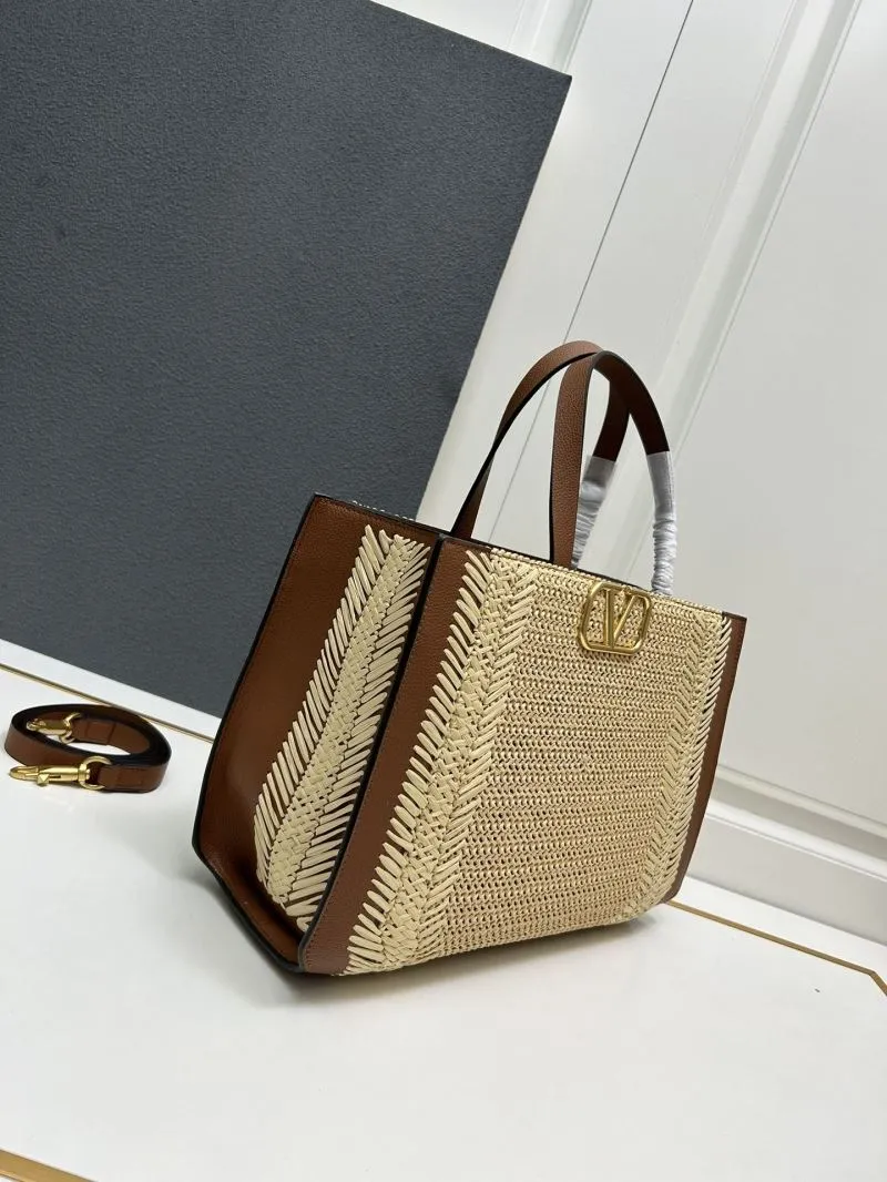 Valentino 9875 Large Woven Tote Bag Beige Brown - Image 3