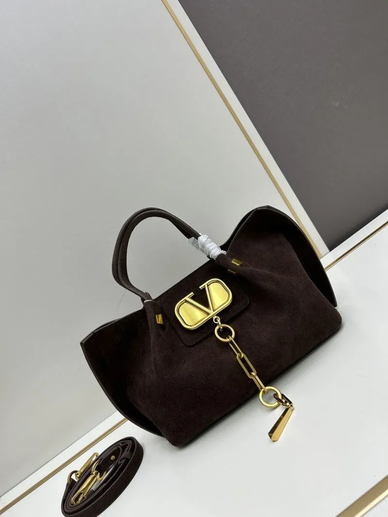 Valentino Dark Brown Suede Tote Bag with Gold Chain