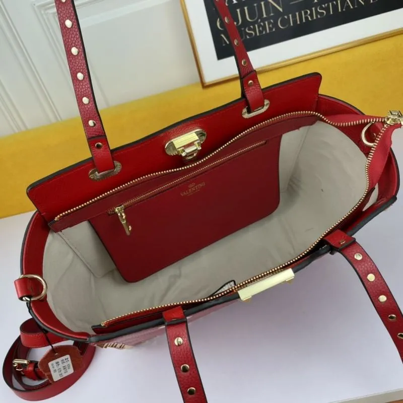 Valentino Red Leather Studded Tote Bag - Image 6