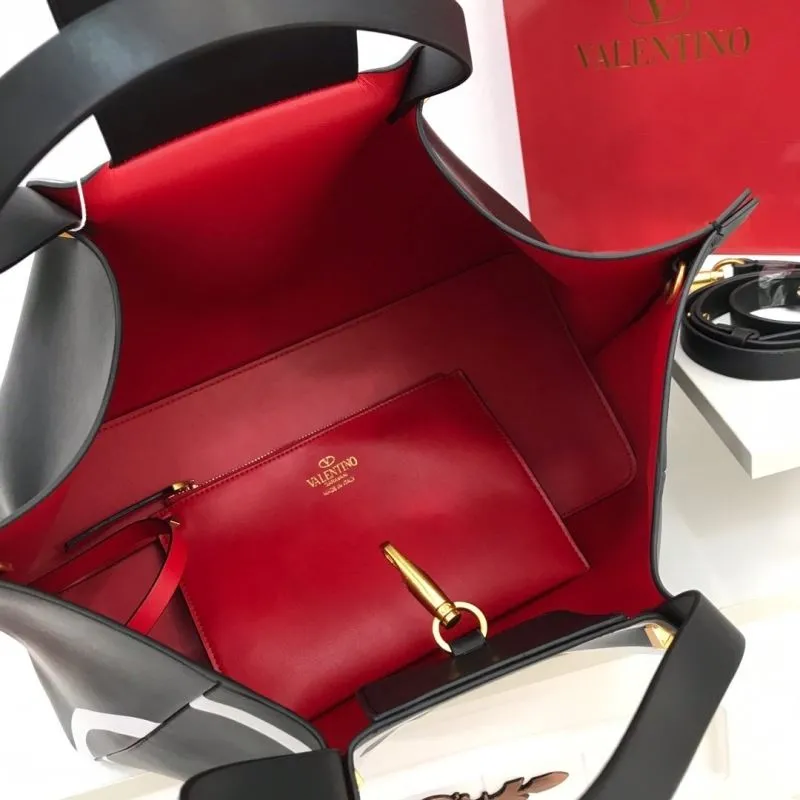 Valentino 207 Black Leather Tote Bag with Red Pouch - Image 8