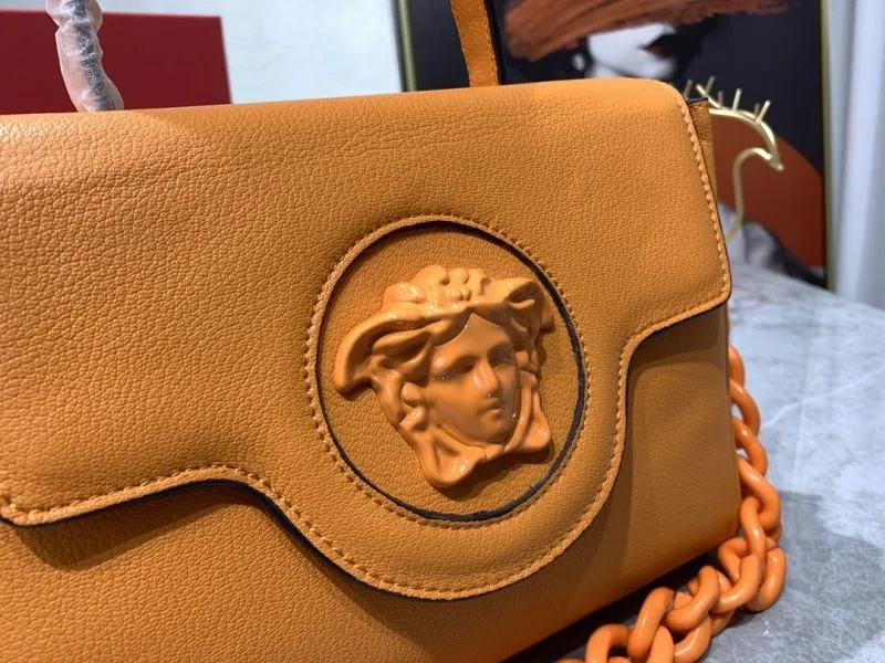 Versace Orange Leather Handbag with Chain - Image 3