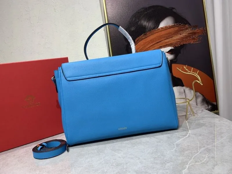 Versace Blue Leather Top Handle Handbag with Chain - Image 3