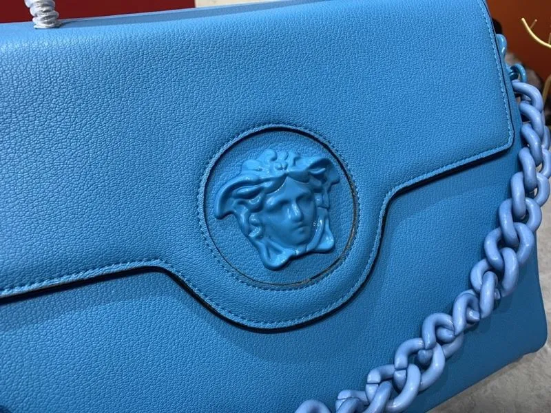 Versace Blue Leather Top Handle Handbag with Chain - Image 4