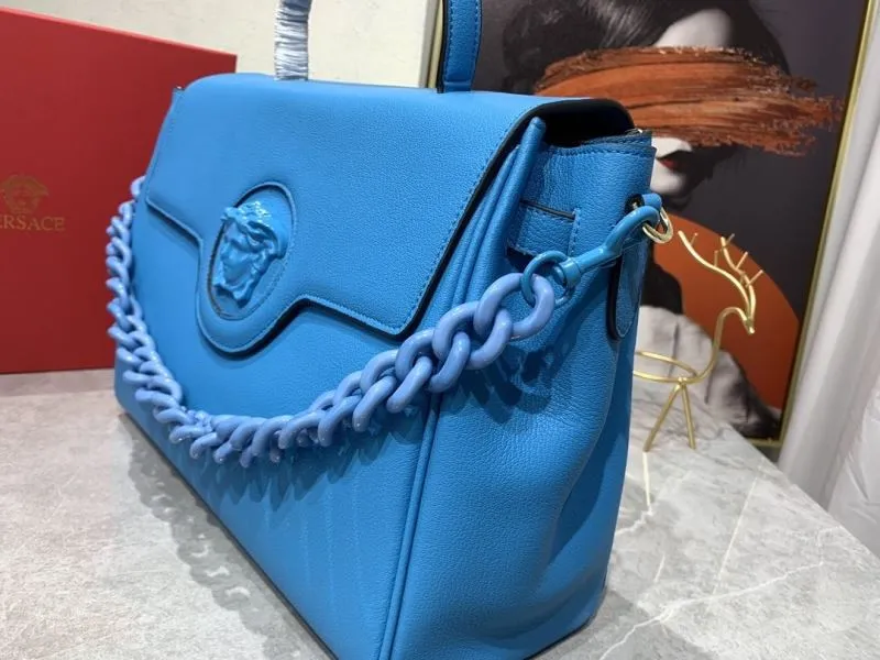 Versace Blue Leather Top Handle Handbag with Chain - Image 5