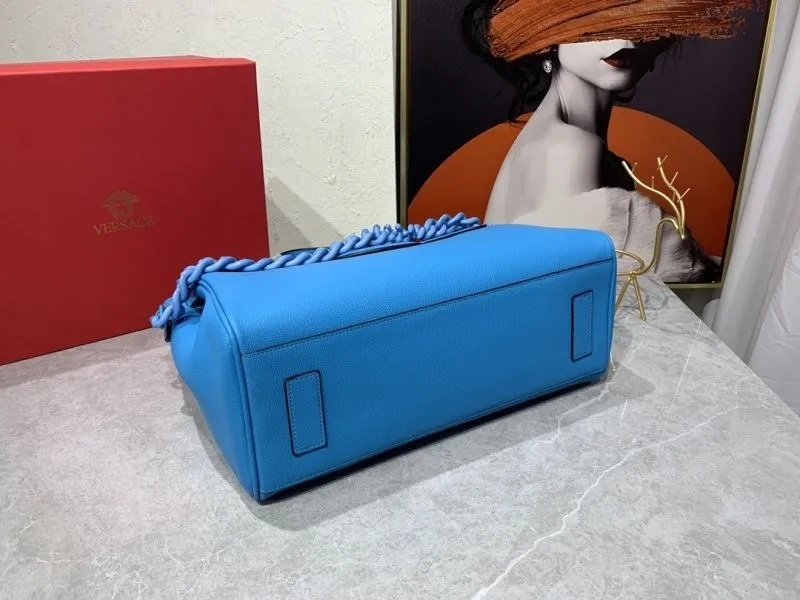 Versace Blue Leather Top Handle Handbag with Chain - Image 7