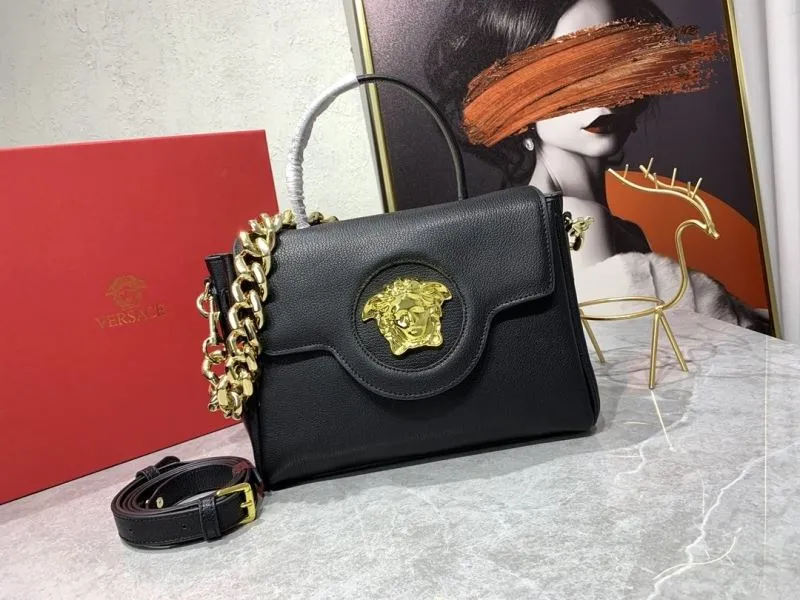 Versace Black Leather Top Handle Handbag with Gold Chain