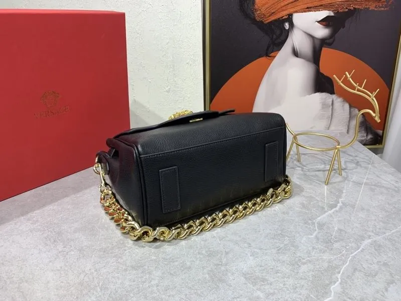 Versace Black Leather Top Handle Handbag with Gold Chain - Image 7