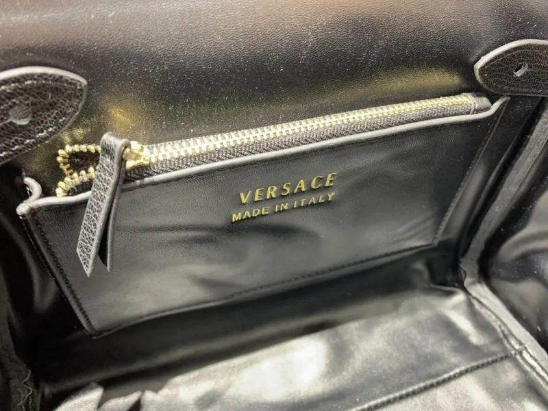 Versace Black Leather Top Handle Handbag with Gold Chain - Image 9