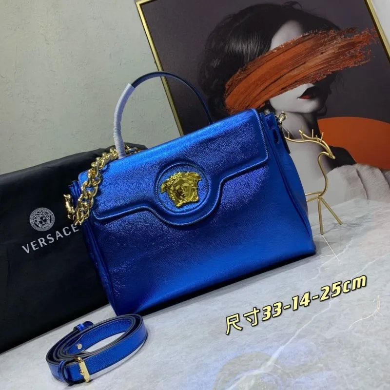 Versace Metallic Blue Top Handle Handbag with Chain Size 33-14-25