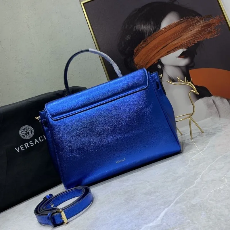 Versace Metallic Blue Top Handle Handbag with Chain Size 33-14-25 - Image 3