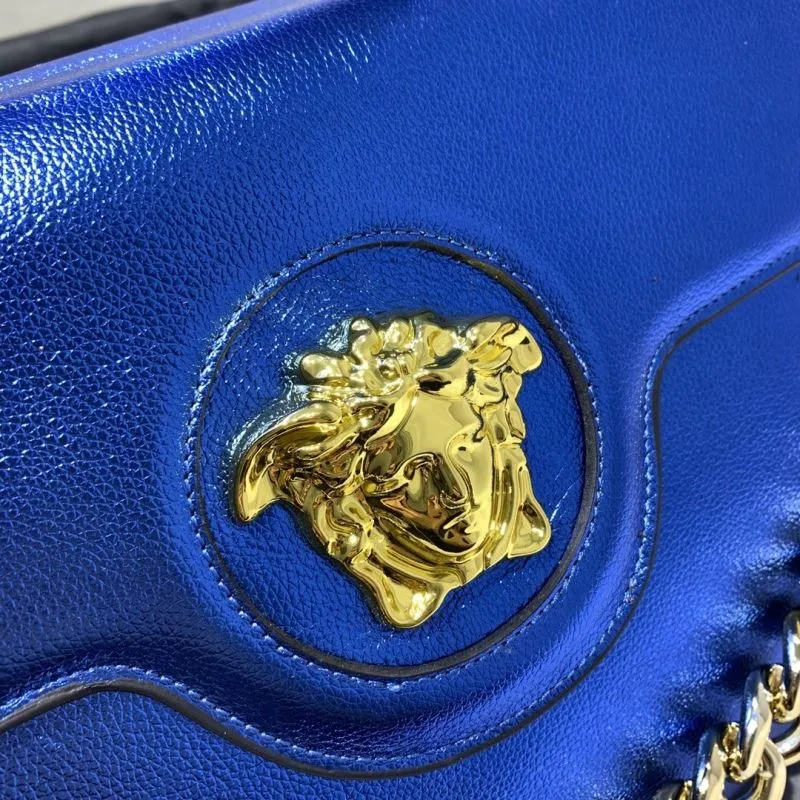 Versace Metallic Blue Top Handle Handbag with Chain Size 33-14-25 - Image 4