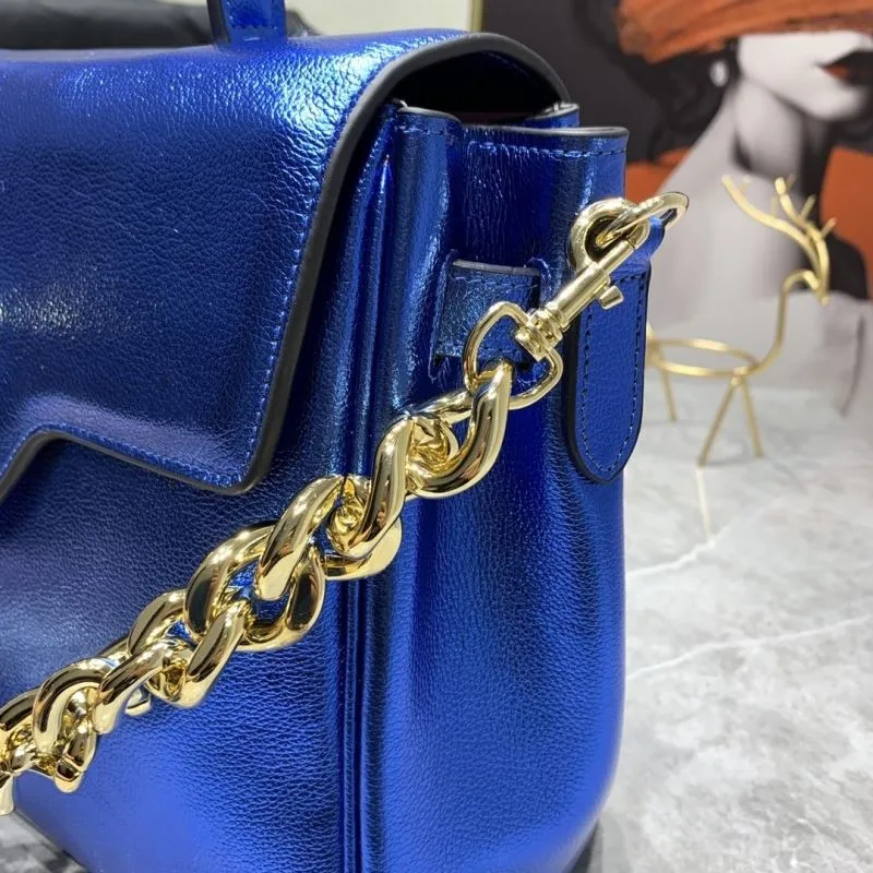 Versace Metallic Blue Top Handle Handbag with Chain Size 33-14-25 - Image 5