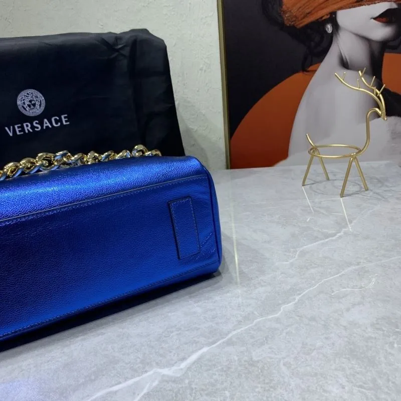 Versace Metallic Blue Top Handle Handbag with Chain Size 33-14-25 - Image 7